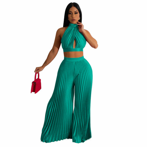 Load image into Gallery viewer, Cross-border Halter Neck Pleated Wide-Leg Pants Two-piece
