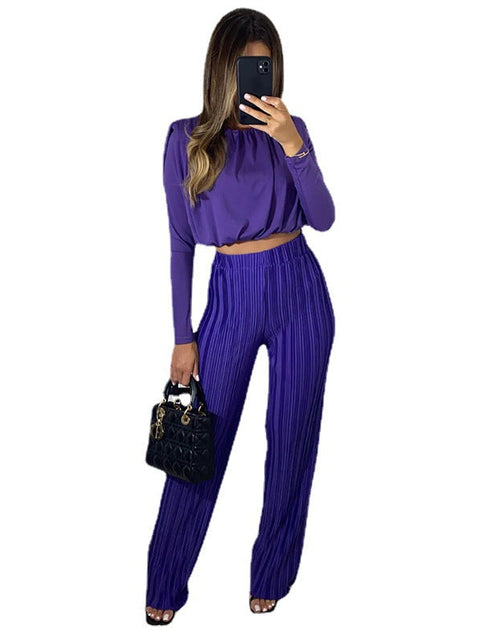 Load image into Gallery viewer, pleated High Waist Casual Pants Set with Round Neck Short Sleeve Top
