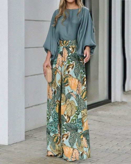 Load image into Gallery viewer, Lantern Sleeve Loose Top Wide Leg Pants Two Piece
