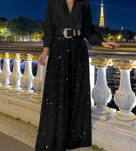 V-neck Tops Wide-leg Pants Set (No Belt)