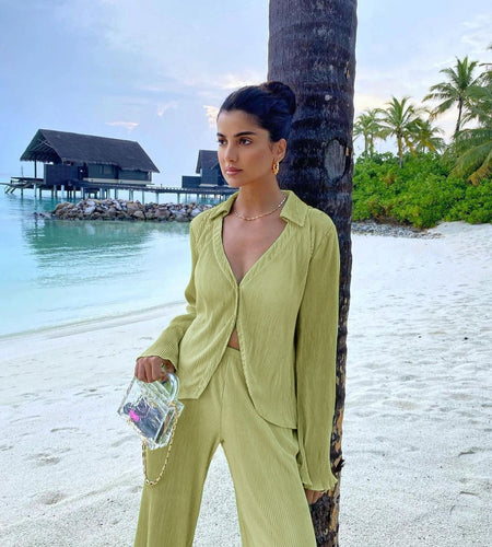 Flare Sleeve Blouse Casual Oversize Single Breasted Blouse Pants Set