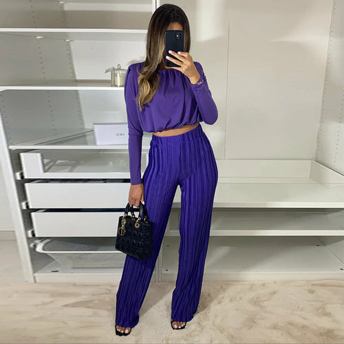 Load image into Gallery viewer, pleated High Waist Casual Pants Set with Round Neck Short Sleeve Top
