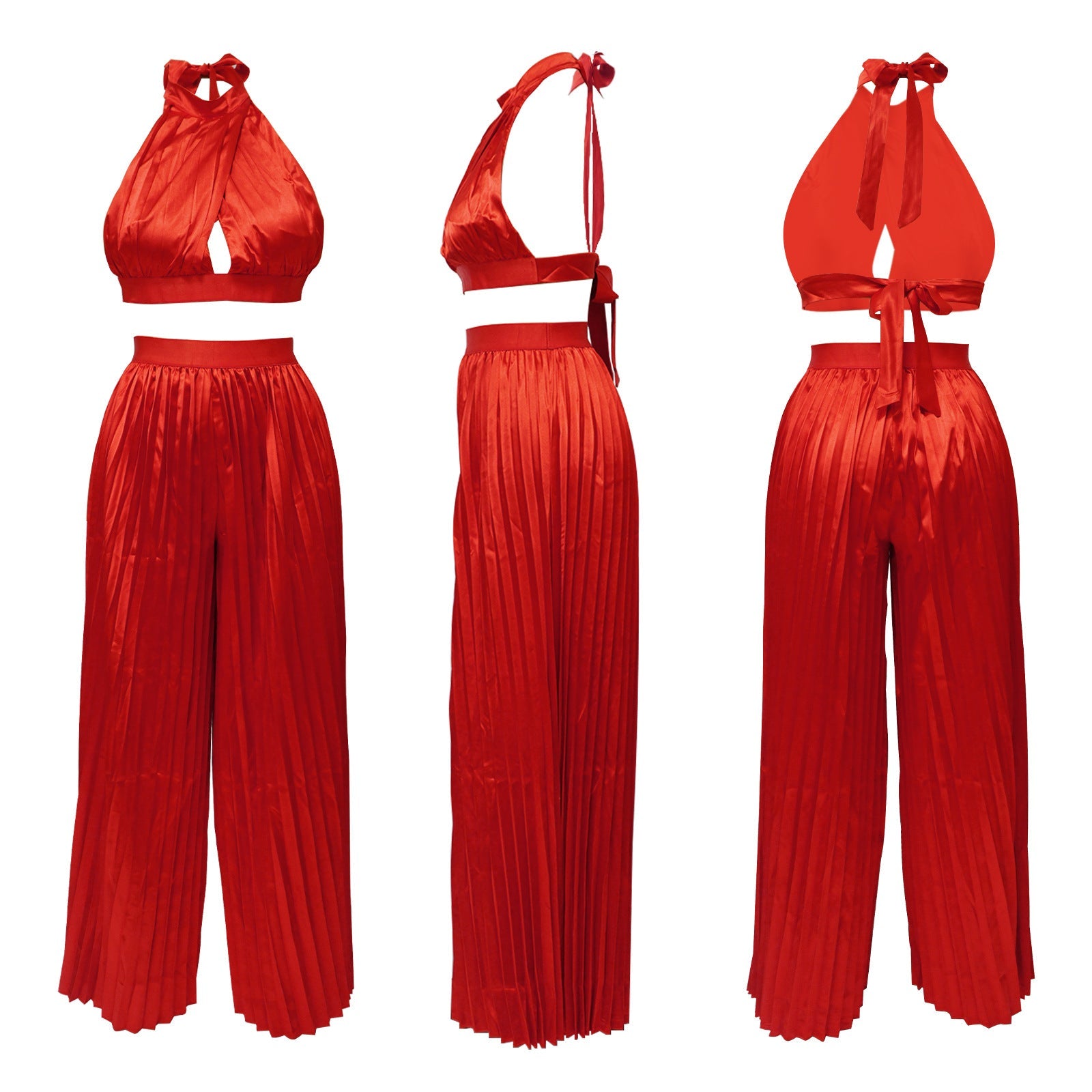 Cross-border Halter Neck Pleated Wide-Leg Pants Two-piece