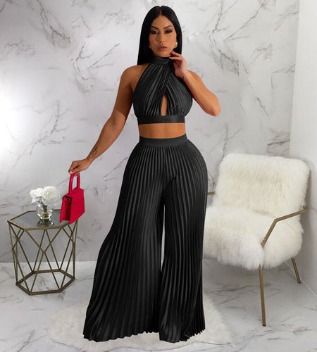 Cross-border Halter Neck Pleated Wide-Leg Pants Two-piece