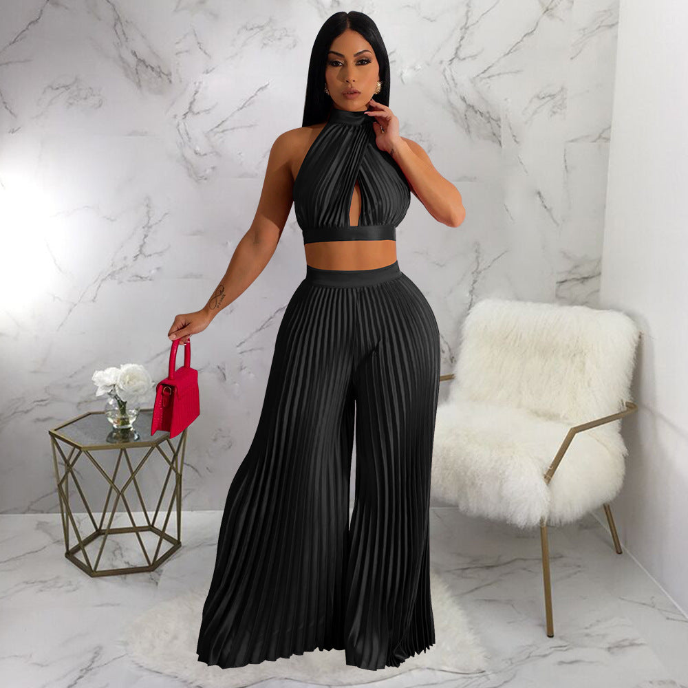 Cross-border Halter Neck Pleated Wide-Leg Pants Two-piece