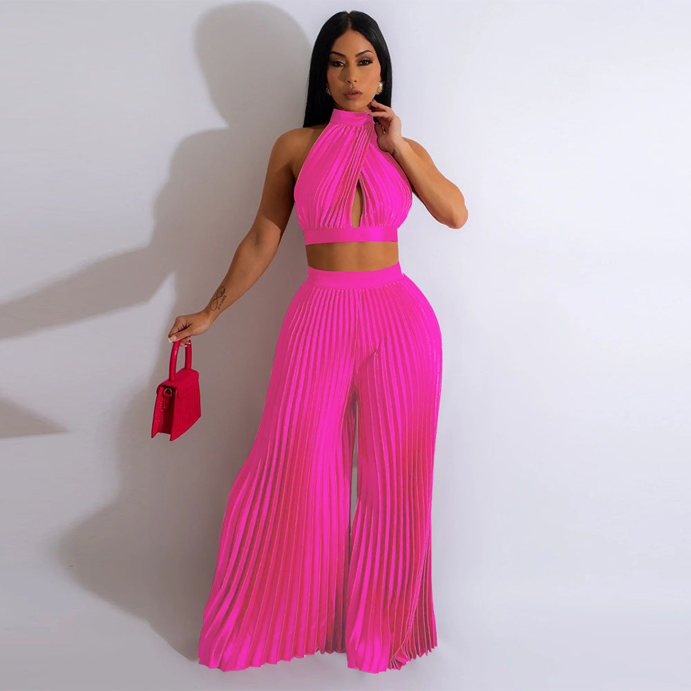 Cross-border Halter Neck Pleated Wide-Leg Pants Two-piece