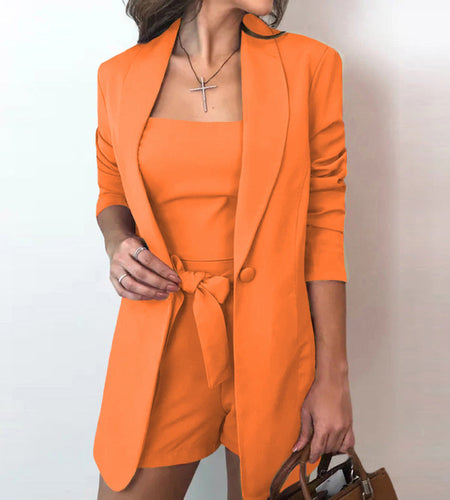 Solid Midi Blazer Two Piece Suits Basic Vest Tops Lace-up Shorts