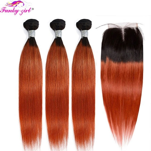 Load image into Gallery viewer, 1b Orange Ombre Human Hair Bundles Closure | Remy Human Hair Bundles
