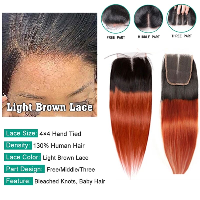 1b Orange Ombre Human Hair Bundles Closure | Remy Human Hair Bundles