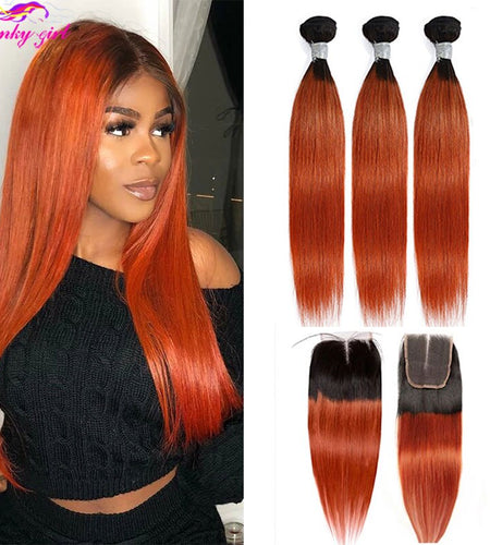 1b Orange Ombre Human Hair Bundles Closure | Remy Human Hair Bundles