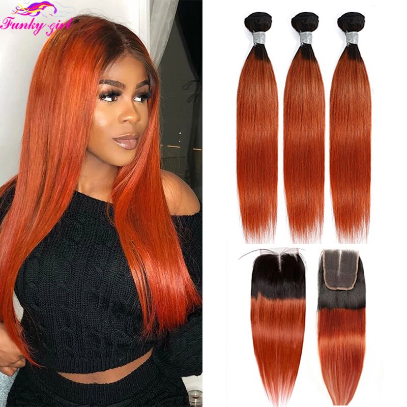 1b Orange Ombre Human Hair Bundles Closure | Remy Human Hair Bundles