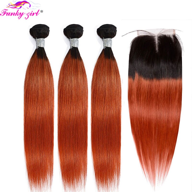 1b Orange Ombre Human Hair Bundles Closure | Remy Human Hair Bundles