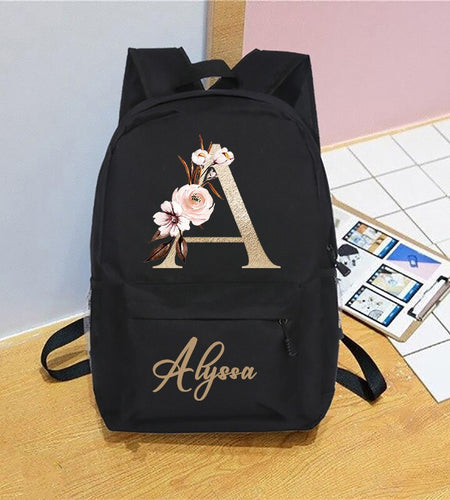 Personalised Name Initial Backpack with Pink Gold Letter Design Girls