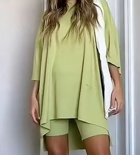 Round Neck Tops Slim Shorts Two Piece