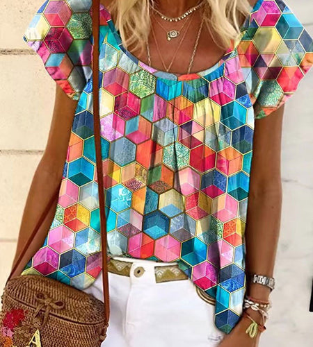 Round Neck Shirt Blouse Colorful Geometric Print