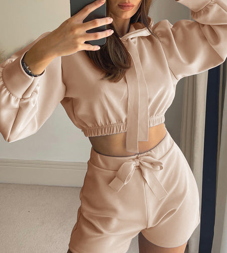 Solid Tracksuit Sportswear Women Long Sleeve Hooded Sweatshirt And Tie