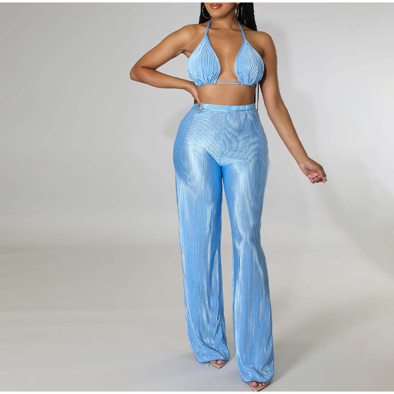 Three Piece Sets  Elegant Solid Color Loose Shirt Trousers Bra Suits