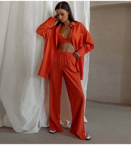 Single-breasted Lapels Long Sleeve Shirt Suit High Waist Lace Up Slit