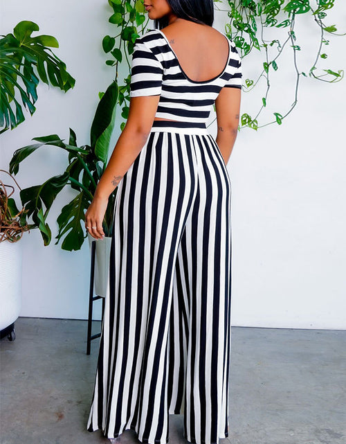 Load image into Gallery viewer, 2 Pieces Sets Stripe Printed Short Sleeve T-shirt &amp; Wide Leg Pants
