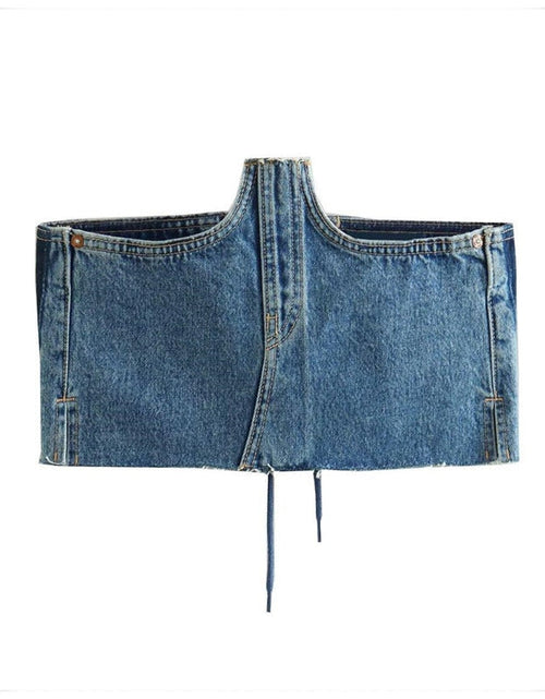 Load image into Gallery viewer, Back Bandage Jeans Crop Short  Slim Bodycon Denim Bustier Top
