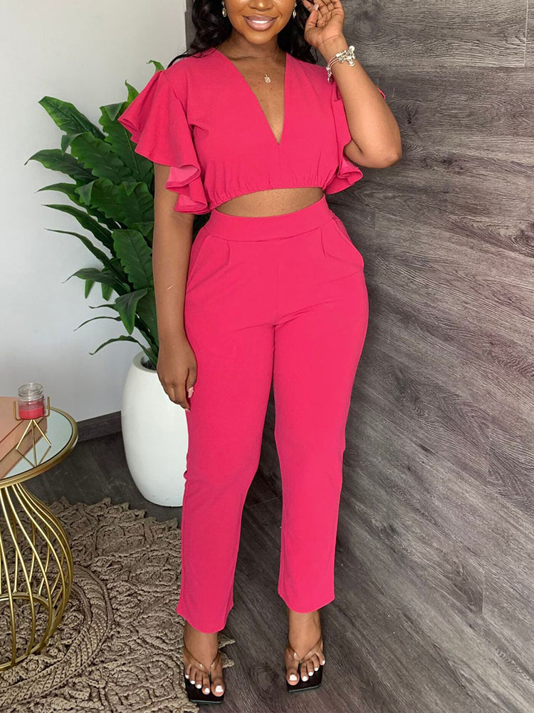 Two Piece Summer Sweet Suits Short Sleeve V Neck Crop Top & Slim Pants