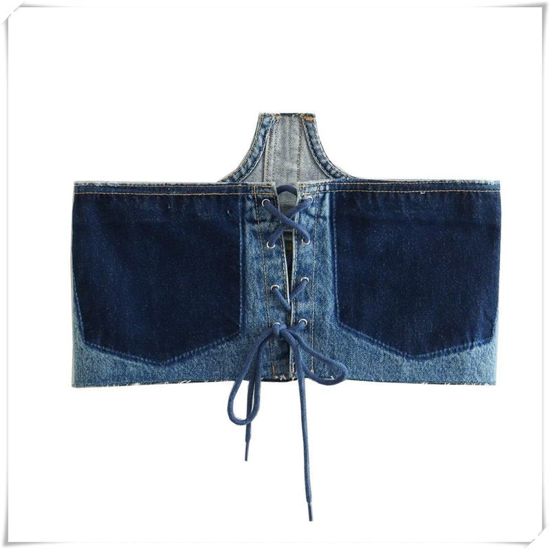 Back Bandage Jeans Crop Short  Slim Bodycon Denim Bustier Top