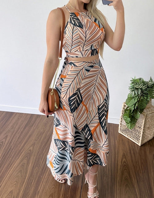 Load image into Gallery viewer, Sleeveless Top Vest And Long Skirt Outfits Fashion Print Lace-Up Set
