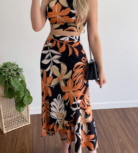 Sleeveless Top Vest And Long Skirt Outfits Fashion Print Lace-Up Set