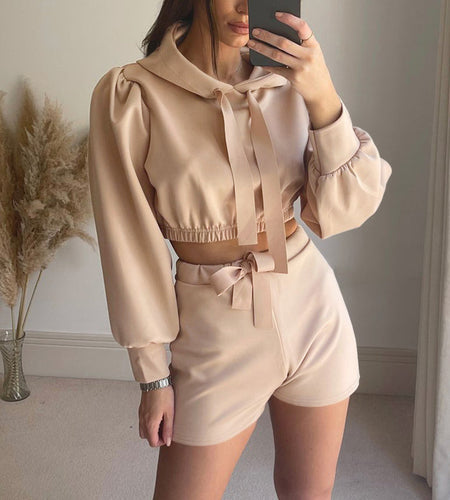 Solid Tracksuit Sportswear Women Long Sleeve Hooded Sweatshirt And Tie