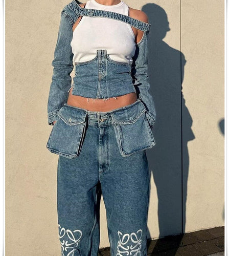 Back Bandage Jeans Crop Short  Slim Bodycon Denim Bustier Top