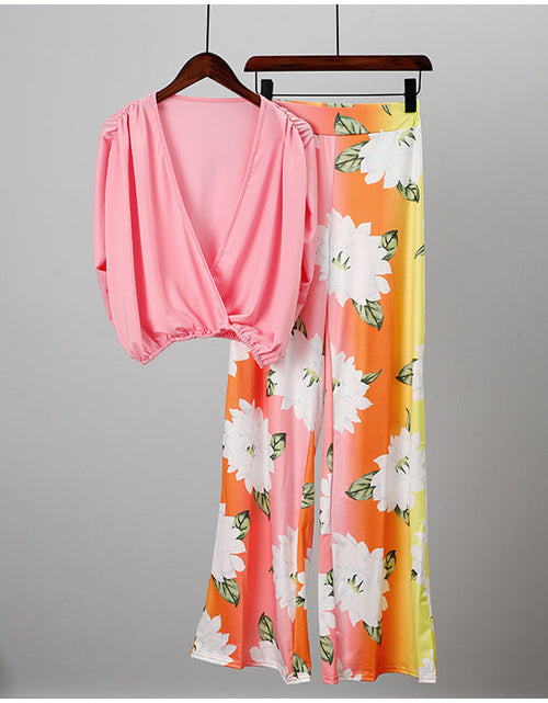 Load image into Gallery viewer, V-neck Bat Sleeve Top Printed Wide-leg Pants Suit
