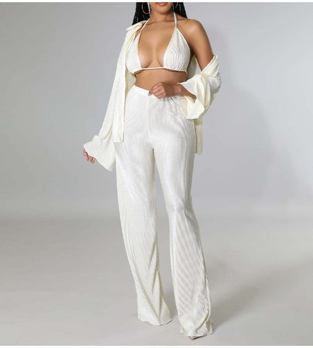 Three Piece Sets  Elegant Solid Color Loose Shirt Trousers Bra Suits