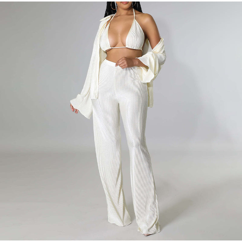 Three Piece Sets  Elegant Solid Color Loose Shirt Trousers Bra Suits