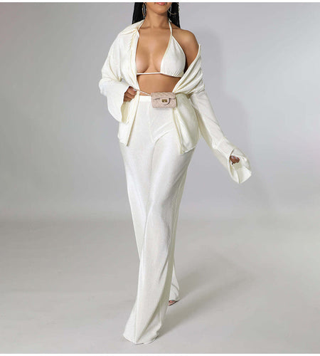 Three Piece Sets  Elegant Solid Color Loose Shirt Trousers Bra Suits