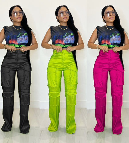 Satin Pocket Cargo Pants High Waist Elegant Casual Y2K Trousers 2023