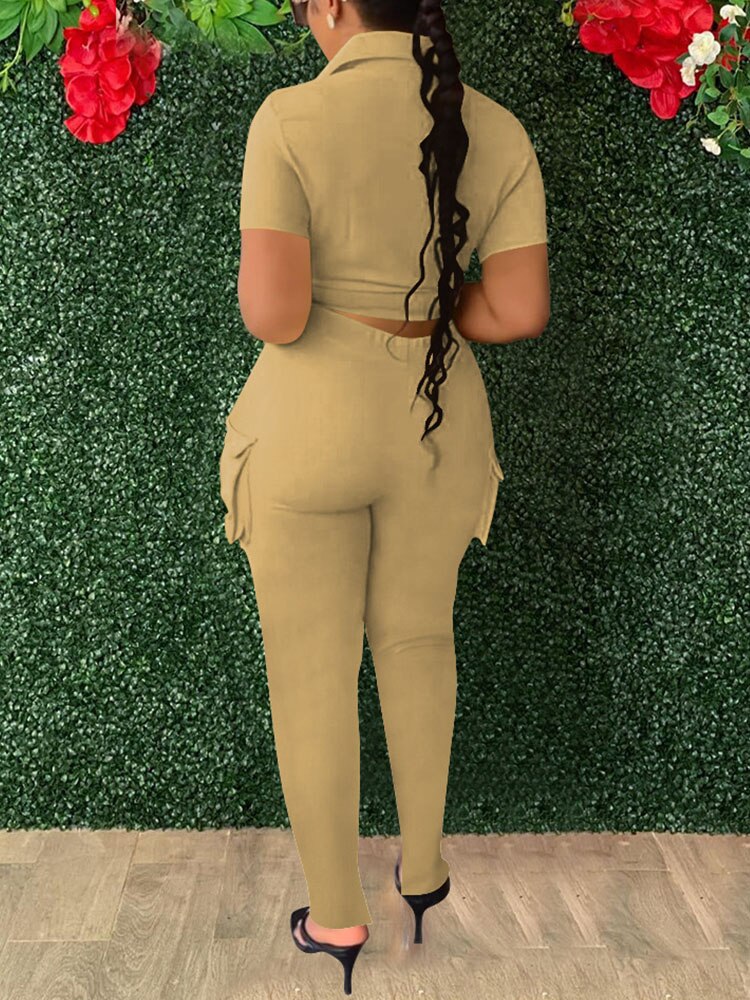 Short Sleeve Buttoned Tie Up Crop Top &Slim Cargo Pants Set