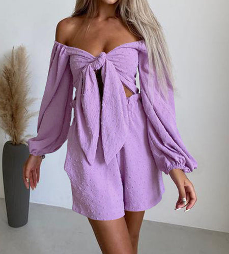 Long Sleeve Bowknot Crop Tops And Pocket Beach Short Suit