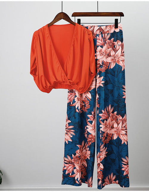 Load image into Gallery viewer, V-neck Bat Sleeve Top Printed Wide-leg Pants Suit
