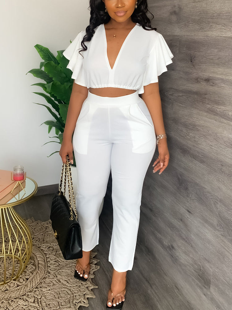 Two Piece Summer Sweet Suits Short Sleeve V Neck Crop Top & Slim Pants