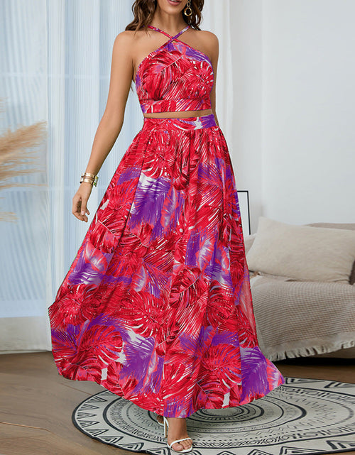 Load image into Gallery viewer, 2 Pieces Skirts Sets Tropical Printed Sleeveless Halter Top &amp;Skirts
