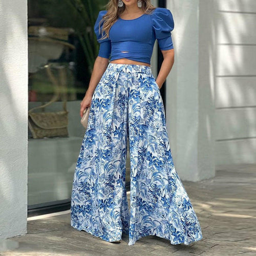 Load image into Gallery viewer, Sexy O Neck Puff Sleeve Crop Top and Wide Leg Trousers Suit
