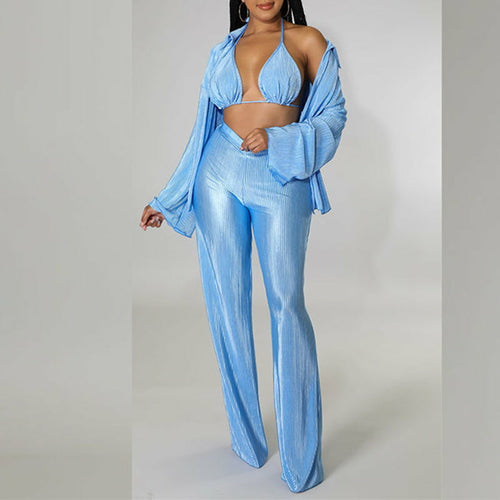 Load image into Gallery viewer, Three Piece Sets  Elegant Solid Color Loose Shirt Trousers Bra Suits
