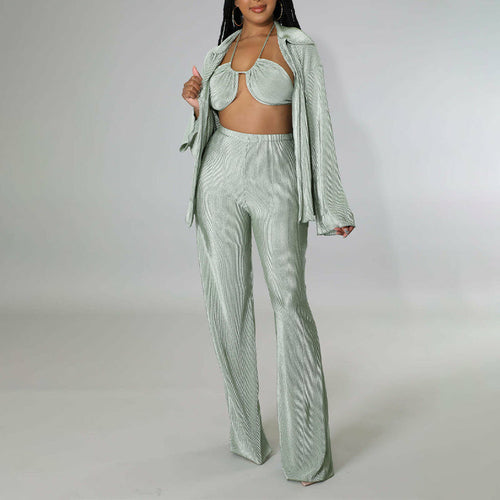 Three Piece Sets  Elegant Solid Color Loose Shirt Trousers Bra Suits