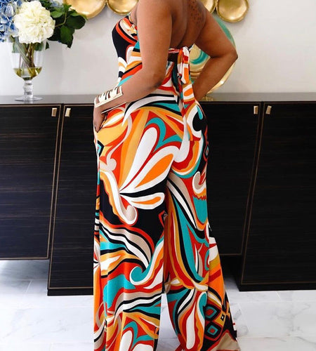 Sexy Strapless Backless Jumpsuit Striped Print Wide Leg Pants Romper