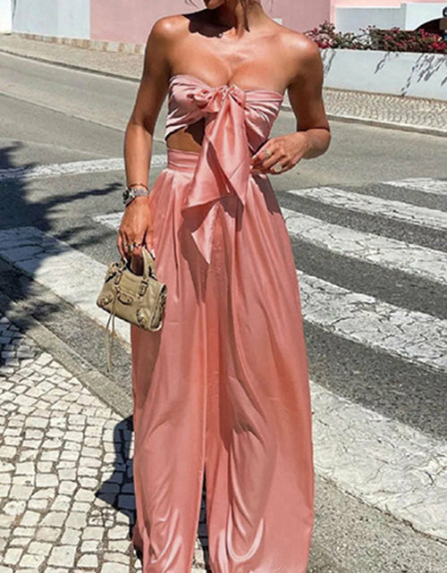 Load image into Gallery viewer, Tie-up Bow Strapless Crop Top+Wide Leg Pants Suit Spring Solid Soft
