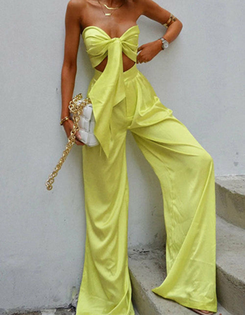 Load image into Gallery viewer, Tie-up Bow Strapless Crop Top+Wide Leg Pants Suit Spring Solid Soft
