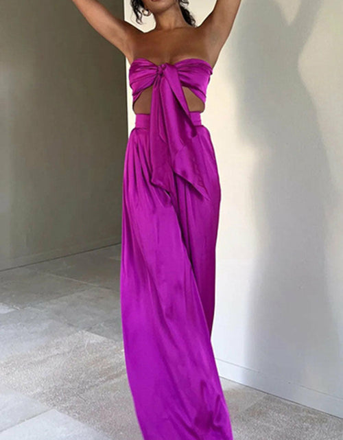 Load image into Gallery viewer, Tie-up Bow Strapless Crop Top+Wide Leg Pants Suit Spring Solid Soft
