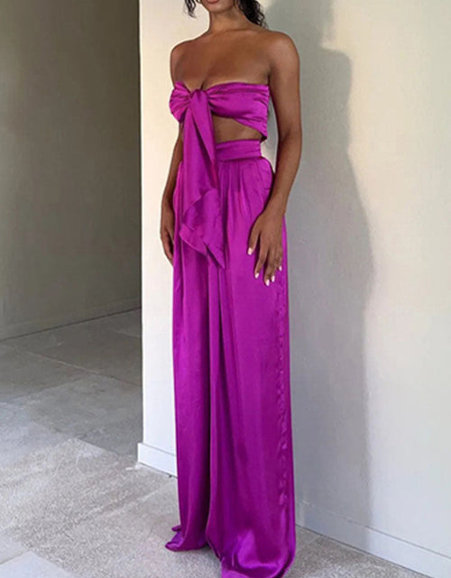 Load image into Gallery viewer, Tie-up Bow Strapless Crop Top+Wide Leg Pants Suit Spring Solid Soft
