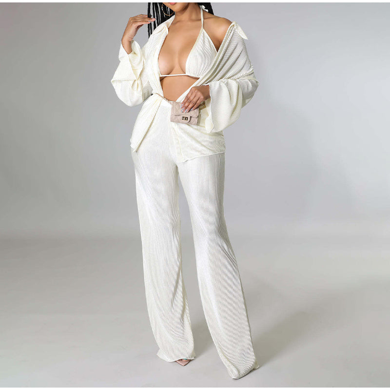 Three Piece Sets  Elegant Solid Color Loose Shirt Trousers Bra Suits