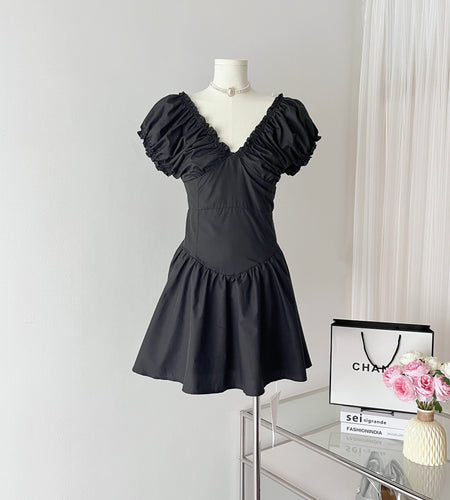 Slim V neck bubble sleeve pleated Spice Girl short style French Dress|